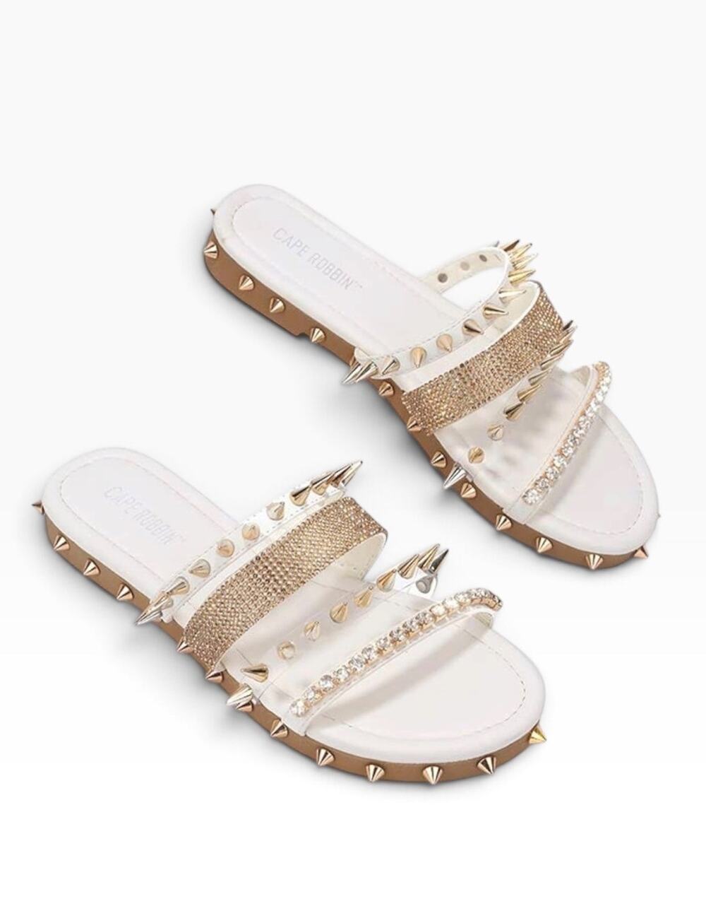 Cape Robbin Xtreme White Gold Spike Studded Slide Sandals Bling Rhinestone 11